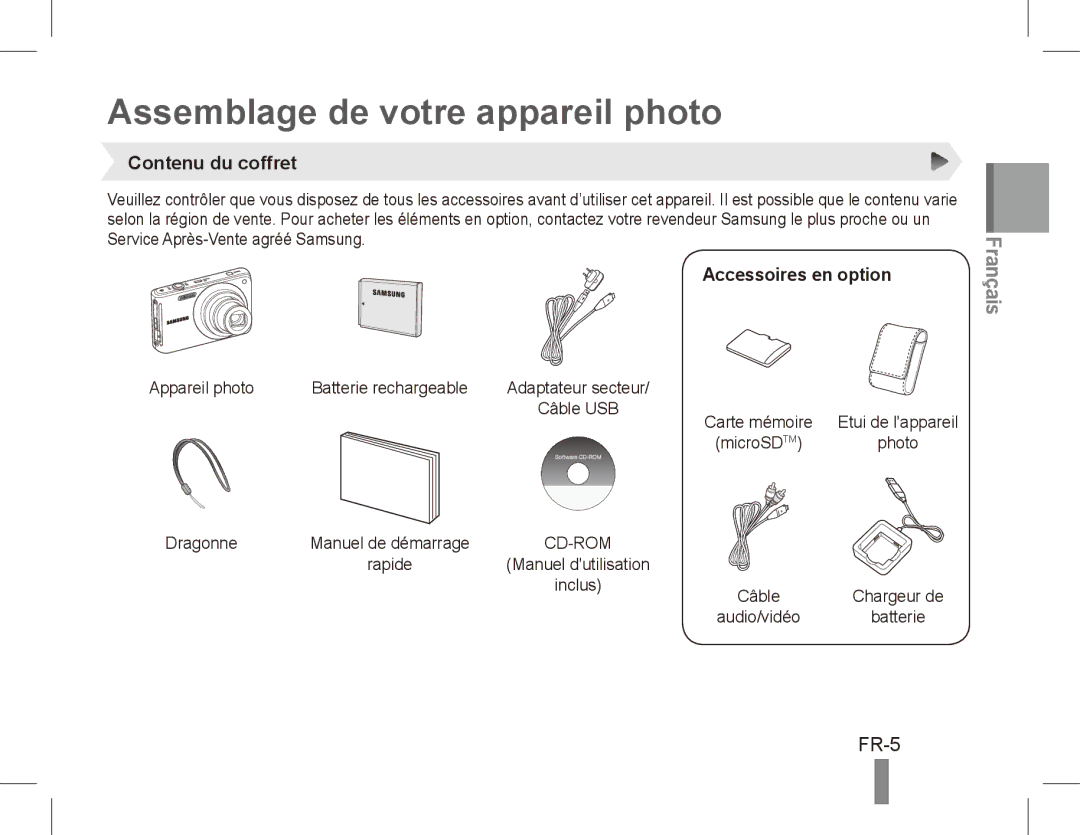 Samsung EC-ST70ZZBPSSA, EC-ST70ZZBPOE1 Assemblage de votre appareil photo, FR-5, Contenu du coffret, Accessoires en option 