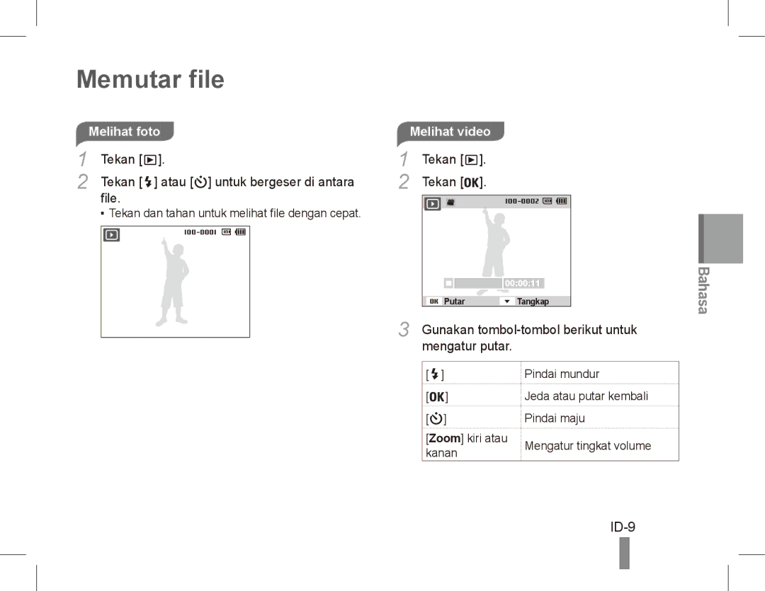 Samsung EC-ST70ZZBPUE3 manual Memutar file, ID-9, Melihat foto, Tekan Atau untuk bergeser di antara File, Melihat video 