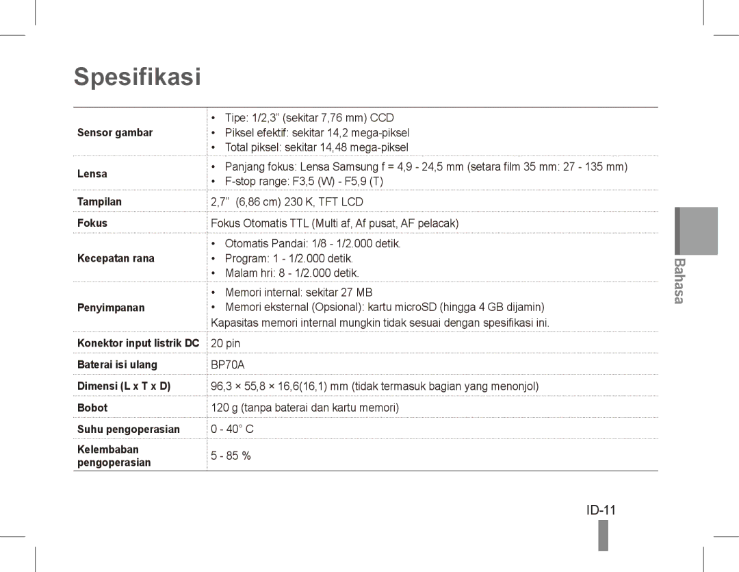 Samsung EC-ST70ZZBPSE3, EC-ST70ZZBPOE1 Spesifikasi, ID-11, Sensor gambar, Lensa Tampilan Fokus Kecepatan rana Penyimpanan 
