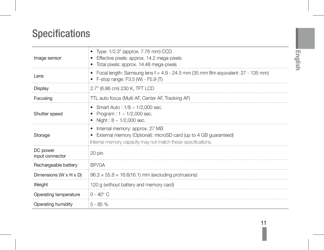 Samsung EC-ST70ZZBPSIT, EC-ST70ZZBPOE1, EC-ST71ZZBDSE1, EC-ST71ZZBDUE1, EC-ST70ZZBPUE1, EC-ST70ZZBPBE1 manual Specifications 