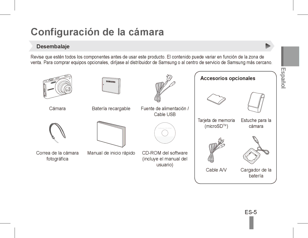 Samsung EC-ST70ZZBPSSA, EC-ST70ZZBPOE1, EC-ST71ZZBDSE1 Configuración de la cámara, ES-5, Desembalaje, Accesorios opcionales 