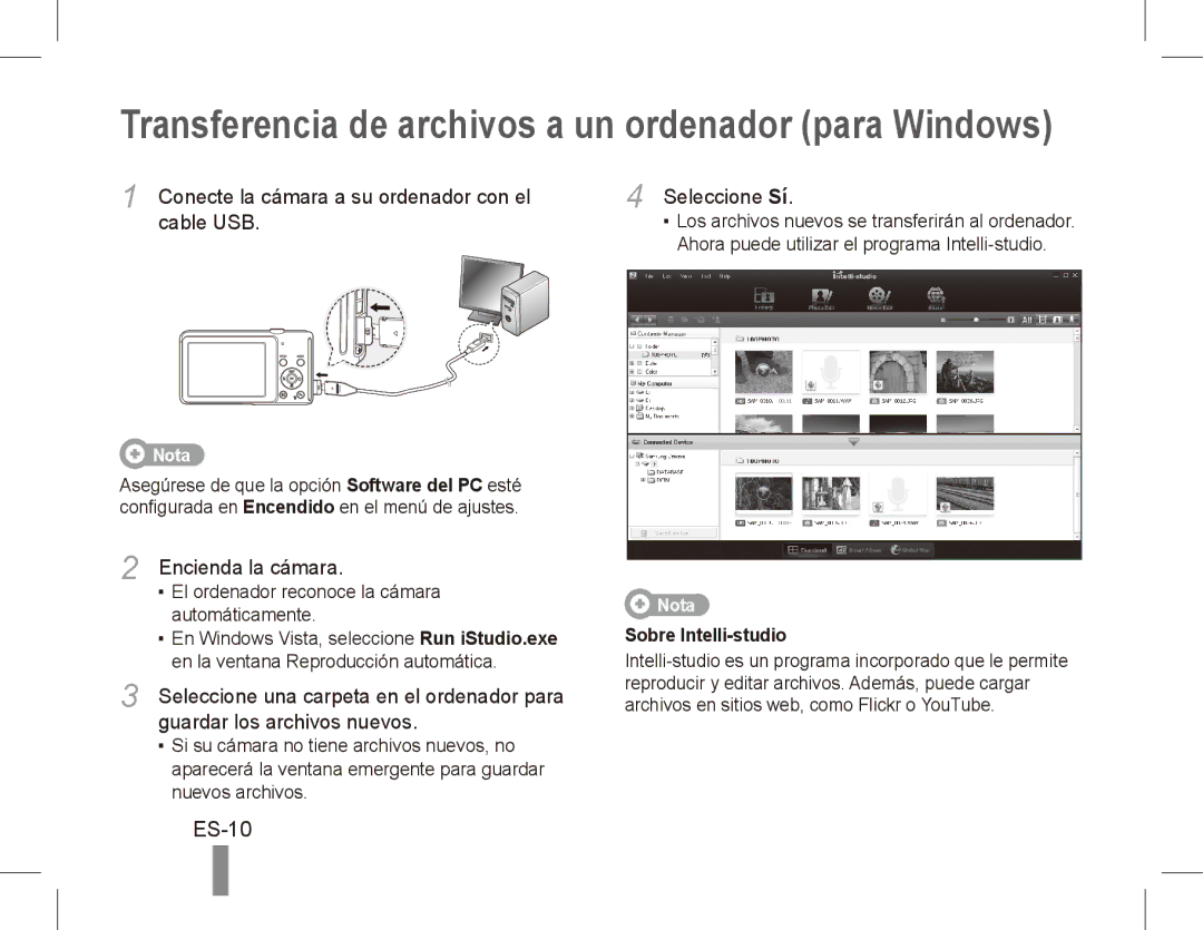 Samsung EC-ST70ZZBPODX, EC-ST70ZZBPOE1 ES-10, Cable USB, Encienda la cámara, Guardar los archivos nuevos, Seleccione Sí 