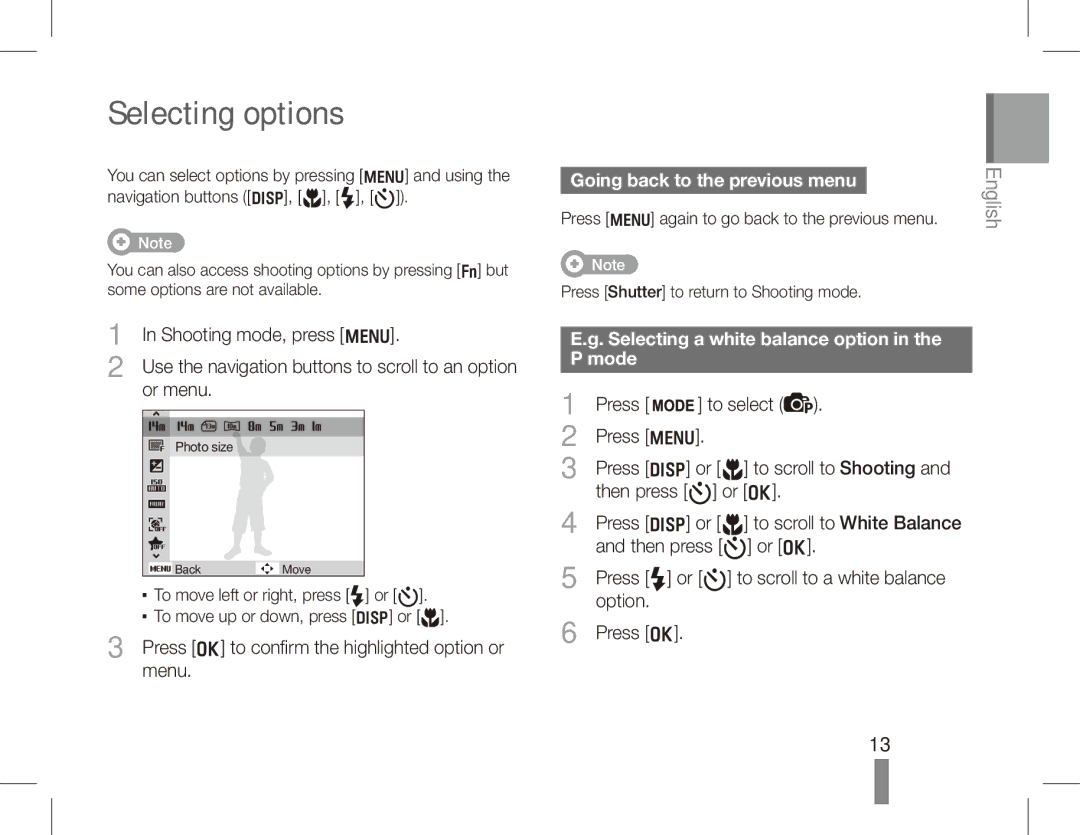 Samsung EC-ST70ZZBPOIL Selecting options, Going back to the previous menu, Selecting a white balance option in the P mode 