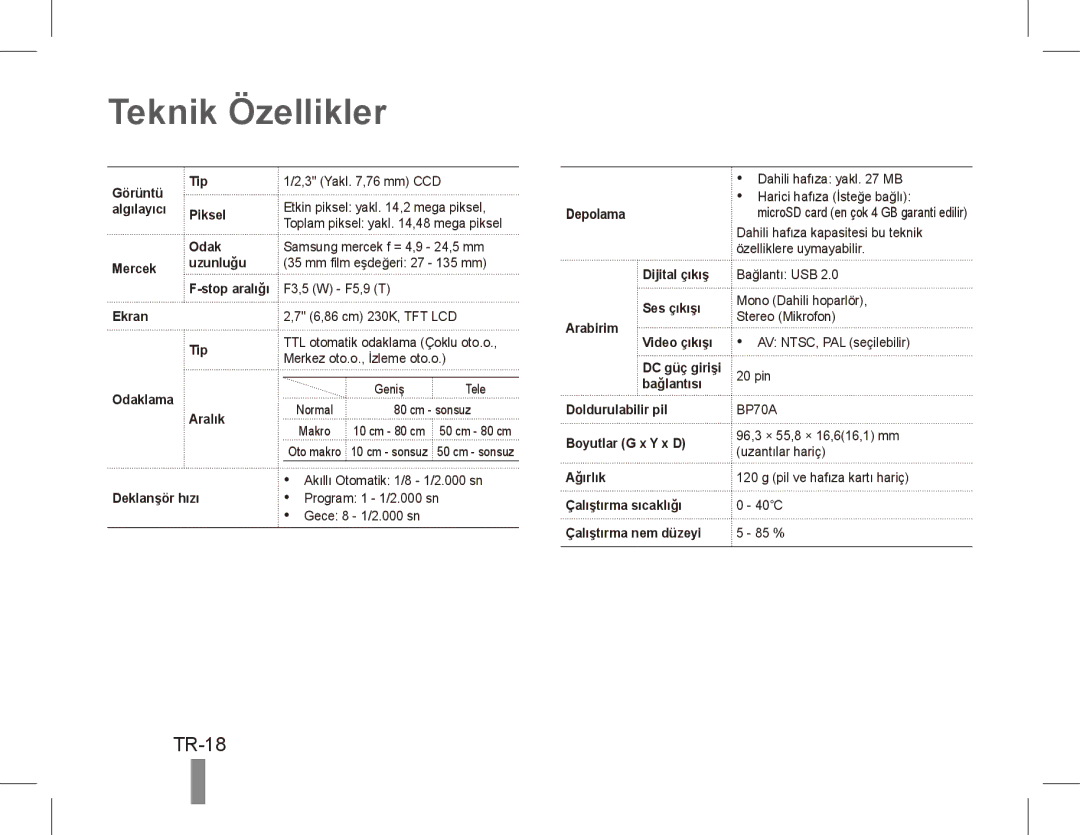 Samsung EC-ST70ZZBPOVN, EC-ST70ZZBPOE1, EC-ST71ZZBDSE1, EC-ST71ZZBDUE1, EC-ST70ZZBPUE1 manual Teknik Özellikler, TR-18 