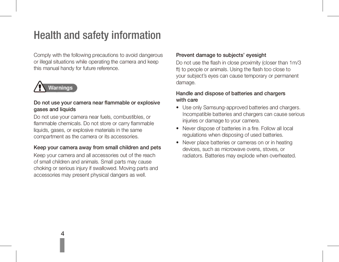 Samsung EC-ST70ZZBPBE1, EC-ST70ZZBPOE1 Health and safety information, Keep your camera away from small children and pets 