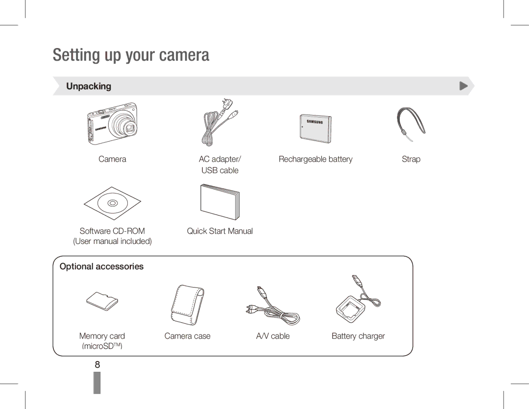 Samsung EC-ST70ZZBPBIT, EC-ST70ZZBPOE1, EC-ST71ZZBDSE1 manual Setting up your camera, Unpacking, Optional accessories 