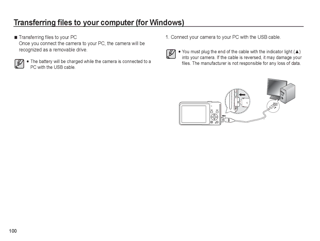 Samsung EC-ST70ZZBPURU, EC-ST70ZZBPOE1, EC-ST71ZZBDSE1, EC-ST71ZZBDUE1 Connect your camera to your PC with the USB cable 