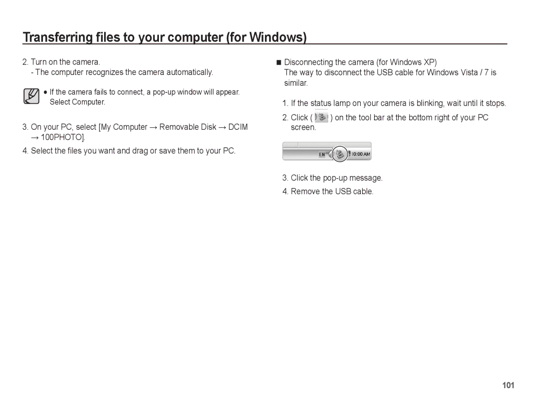 Samsung EC-ST70ZZBPORU, EC-ST70ZZBPOE1, EC-ST71ZZBDSE1 manual Screen Click the pop-up message Remove the USB cable 