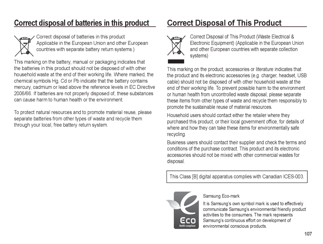 Samsung EC-ST71ZZBDSE3, EC-ST70ZZBPOE1, EC-ST71ZZBDSE1, EC-ST71ZZBDUE1, EC-ST70ZZBPUE1 manual Correct Disposal of This Product 