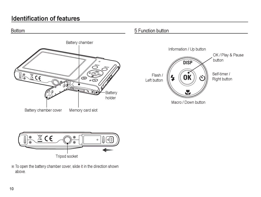 Samsung EC-ST70ZZBPSIT, EC-ST70ZZBPOE1 Bottom Function button, Button, Information / Up button, Battery chamber cover 