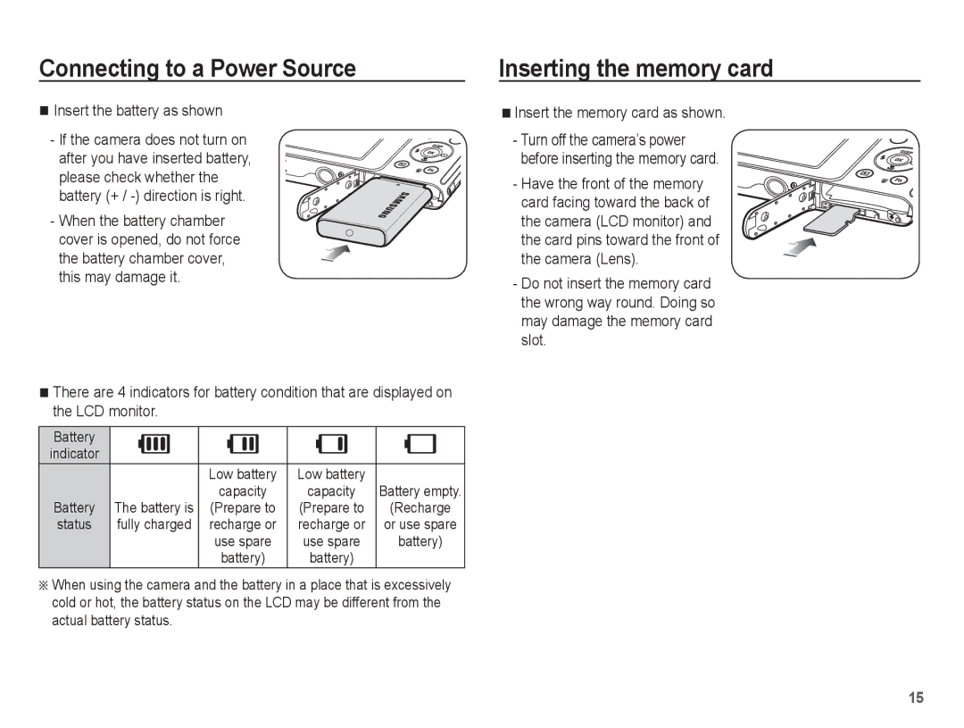 Samsung EC-ST70ZZDPSIR Inserting the memory card, Insert the battery as shown, Insert the memory card as shown, Battery 