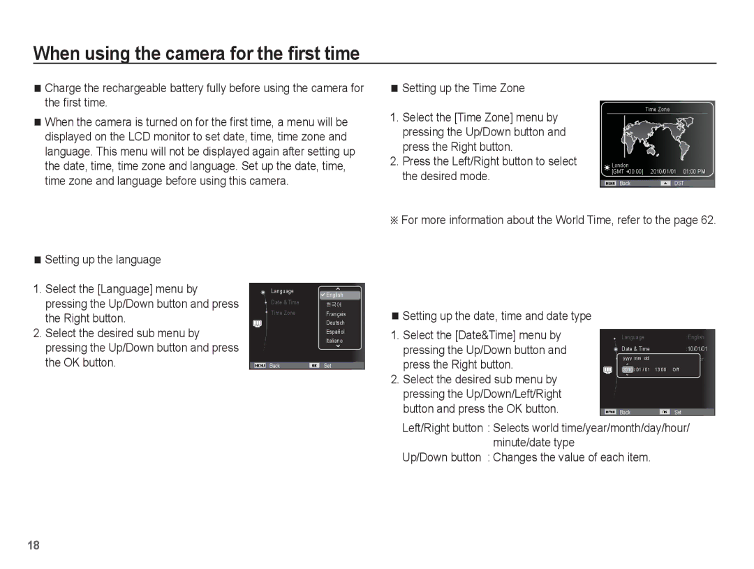 Samsung EC-ST70ZZDPUME manual When using the camera for the ﬁrst time, Setting up the Time Zone, Setting up the language 