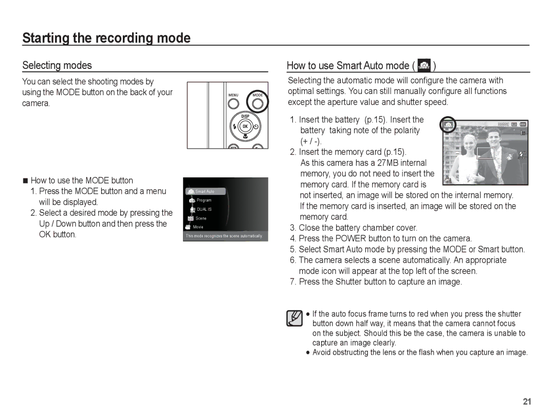 Samsung EC-ST70ZZDPBIR, EC-ST70ZZBPOE1 manual Starting the recording mode, Selecting modes How to use Smart Auto mode 