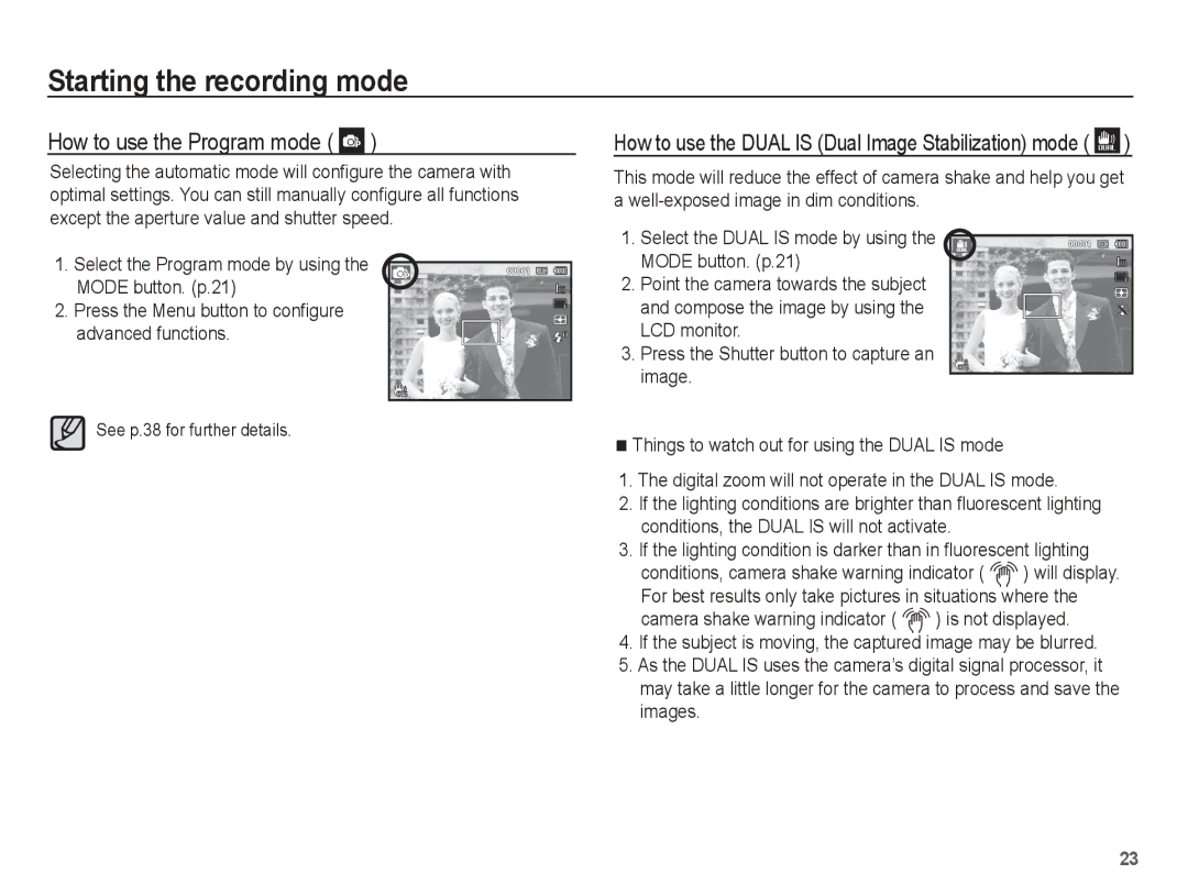 Samsung EC-ST70ZZBPBSA, EC-ST70ZZBPOE1, EC-ST71ZZBDSE1 manual How to use the Program mode, See p.38 for further details 