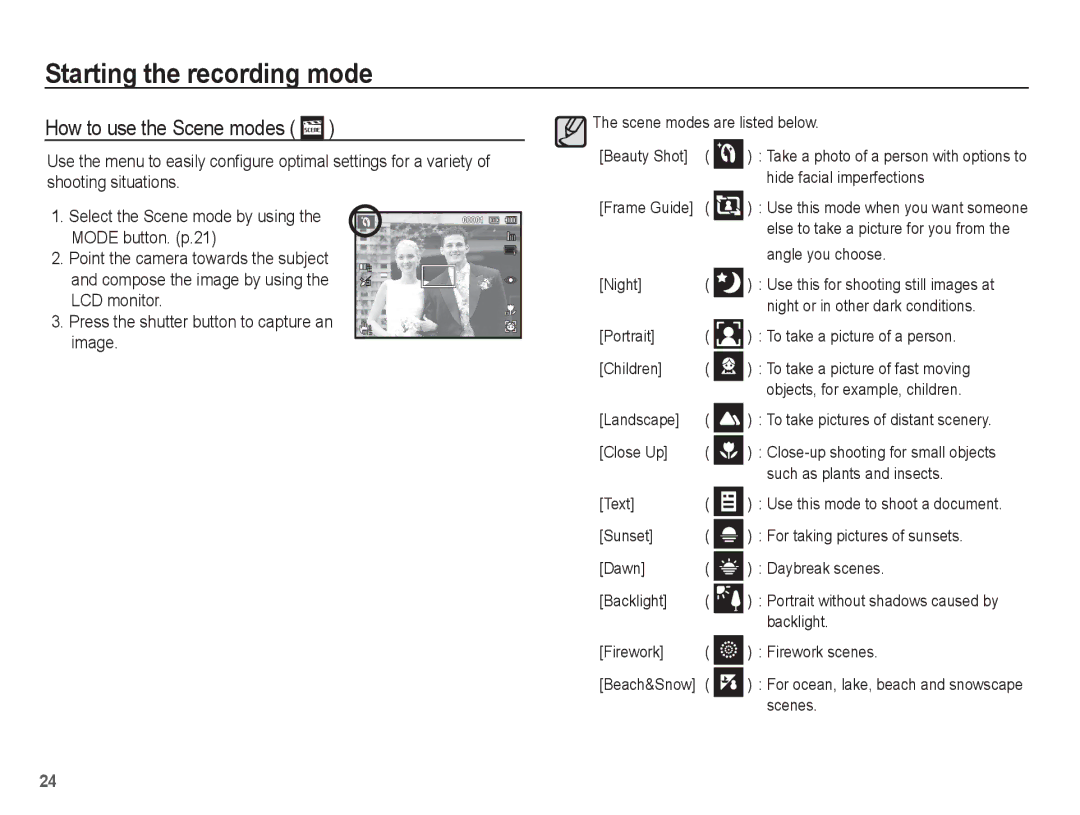 Samsung EC-ST70ZZBPUDX, EC-ST70ZZBPOE1, EC-ST71ZZBDSE1, EC-ST71ZZBDUE1, EC-ST70ZZBPUE1 manual How to use the Scene modes 