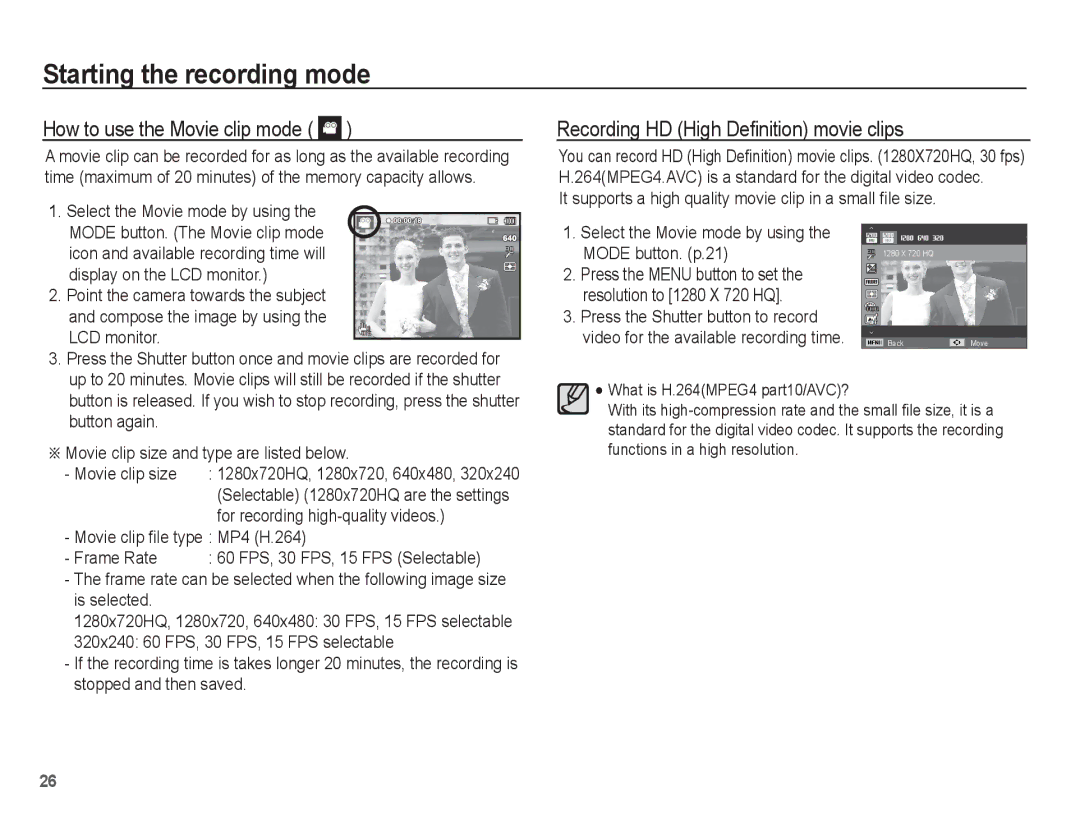 Samsung EC-ST70ZZBPBZA, EC-ST70ZZBPOE1 manual How to use the Movie clip mode, Recording HD High Deﬁnition movie clips 