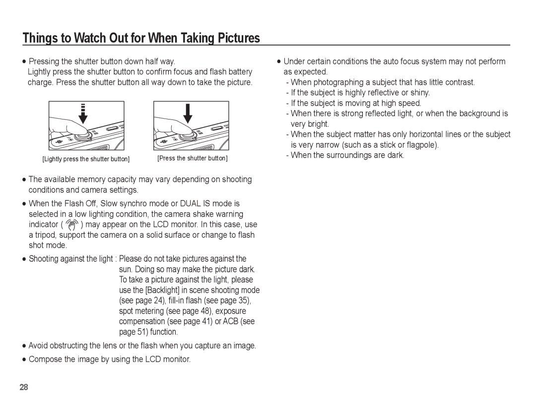 Samsung EC-ST70ZZDPBME manual Things to Watch Out for When Taking Pictures, Pressing the shutter button down half way 