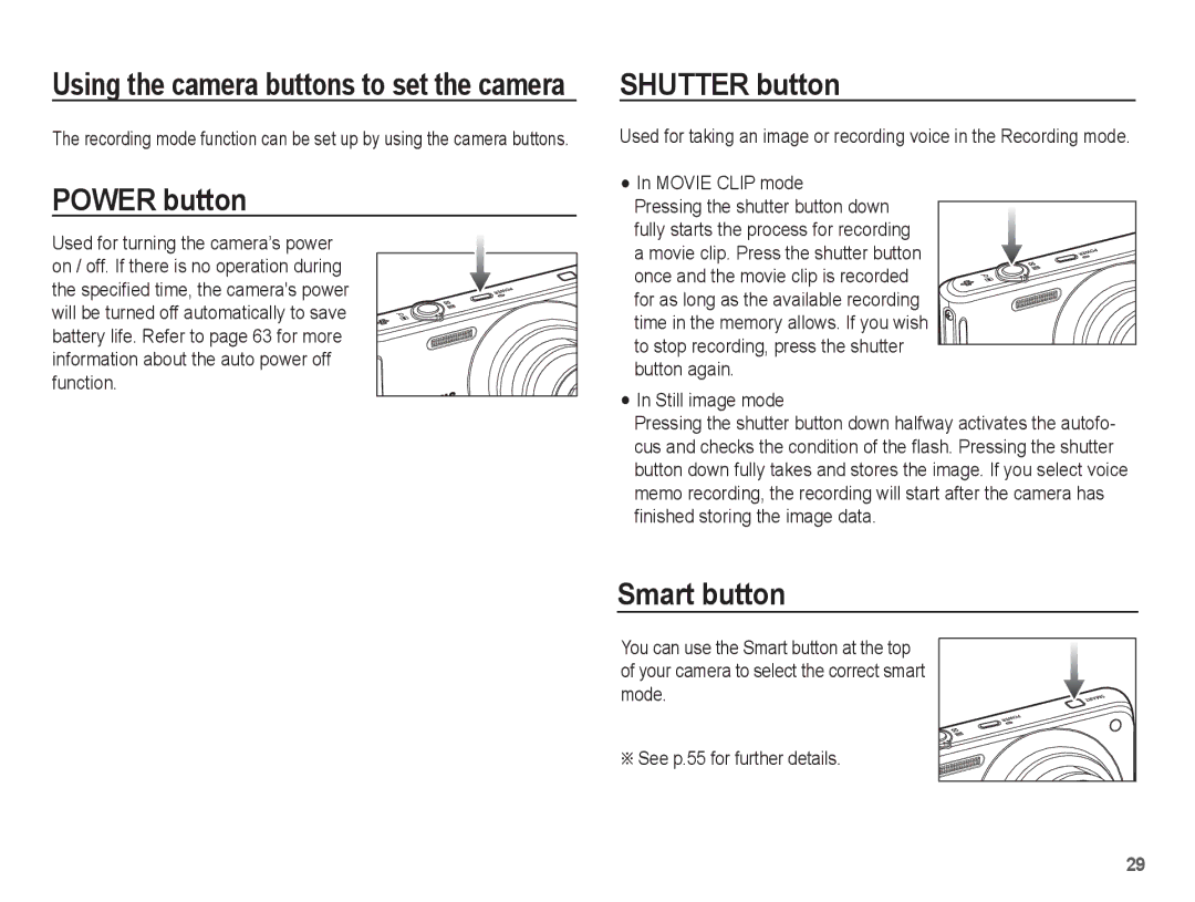 Samsung EC-ST70ZZDPSME, EC-ST70ZZBPOE1, EC-ST71ZZBDSE1 manual Power button, Shutter button, Smart button, Movie Clip mode 