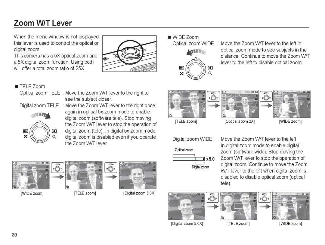 Samsung EC-ST70ZZDPUIR manual Zoom W/T Lever, Digital zoom. This camera has a 5X optical zoom, Wide Zoom, Digital zoom Wide 