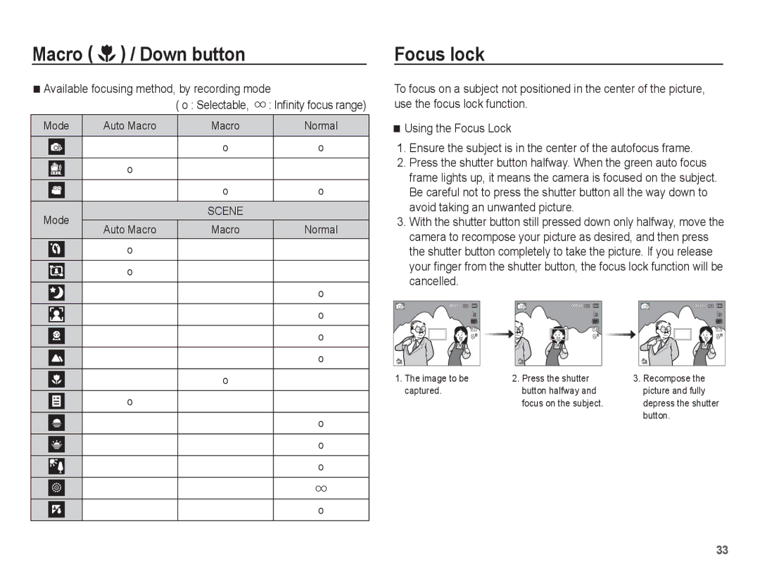 Samsung EC-ST70ZZBDBVN Focus lock, Available focusing method, by recording mode, Selectable, Inﬁnity focus range Mode 