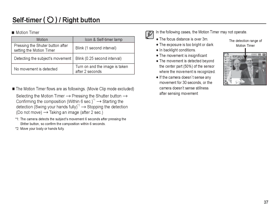 Samsung EC-ST70ZZBPBE3, EC-ST70ZZBPOE1, EC-ST71ZZBDSE1 manual Motion Timer, Starting, Do not move Taking an image after 2 sec 