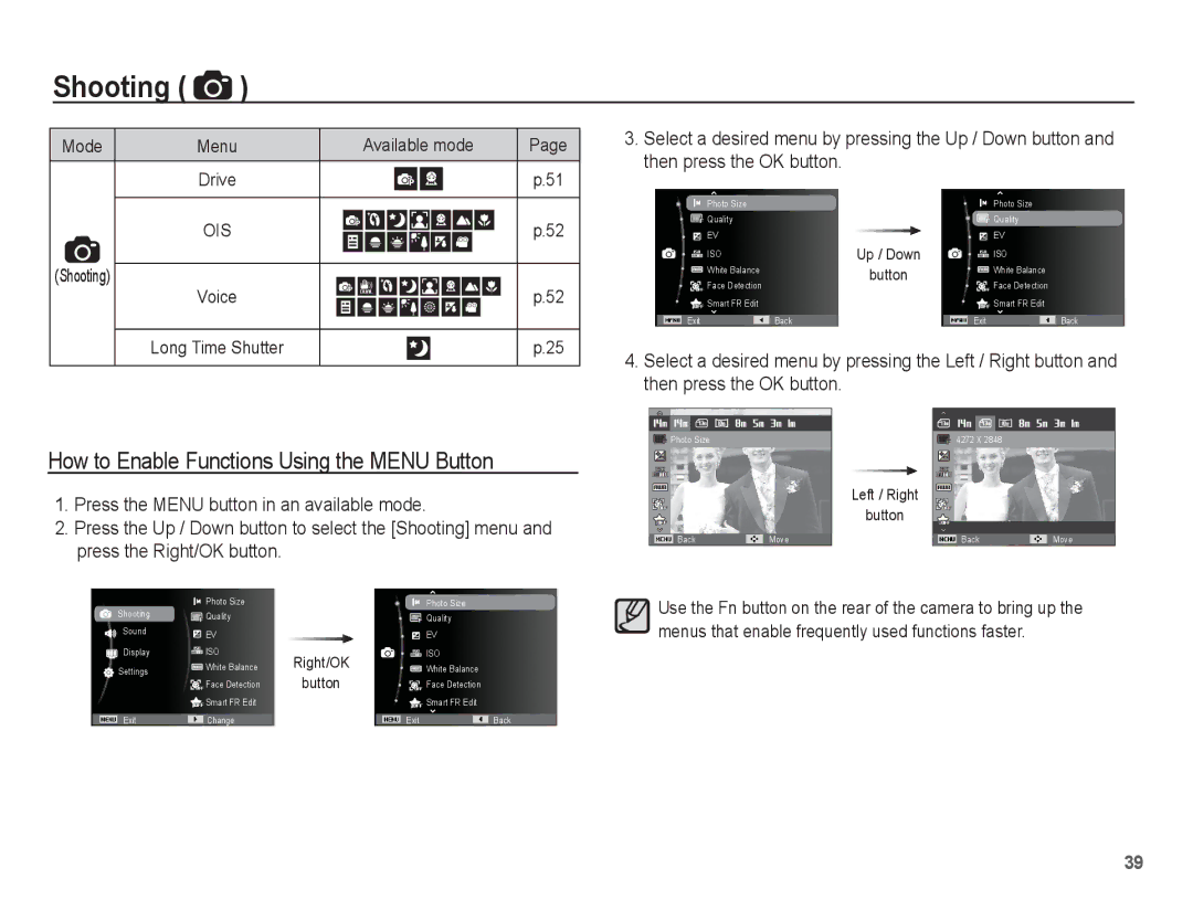 Samsung EC-ST70ZZBPOE3, EC-ST70ZZBPOE1 How to Enable Functions Using the Menu Button, Then press the OK button, Shooting 