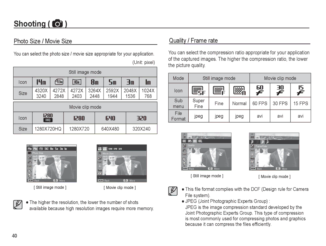 Samsung EC-ST70ZZBPSE3, EC-ST70ZZBPOE1, EC-ST71ZZBDSE1, EC-ST71ZZBDUE1 manual Photo Size / Movie Size, Quality / Frame rate 