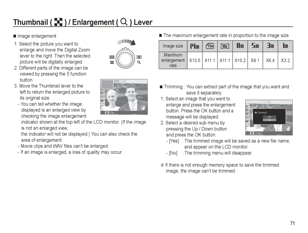 Samsung EC-ST70ZZBPSIL manual Image enlargement, Button. Press the OK button and a, Message will be displayed, Yes 