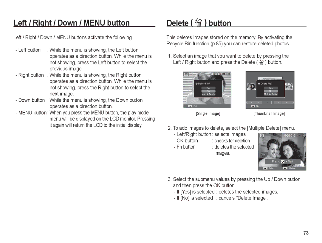 Samsung EC-ST70ZZDPUME Left / Right / Down / Menu button, Delete Õ button, Next image, Operates as a direction button 