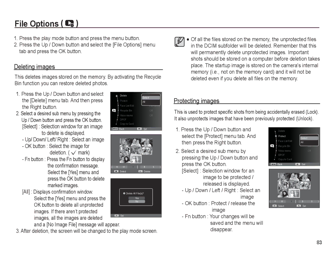 Samsung EC-ST70ZZDPBME, EC-ST70ZZBPOE1, EC-ST71ZZBDSE1, EC-ST71ZZBDUE1 manual File Options, Deleting images, Protecting images 