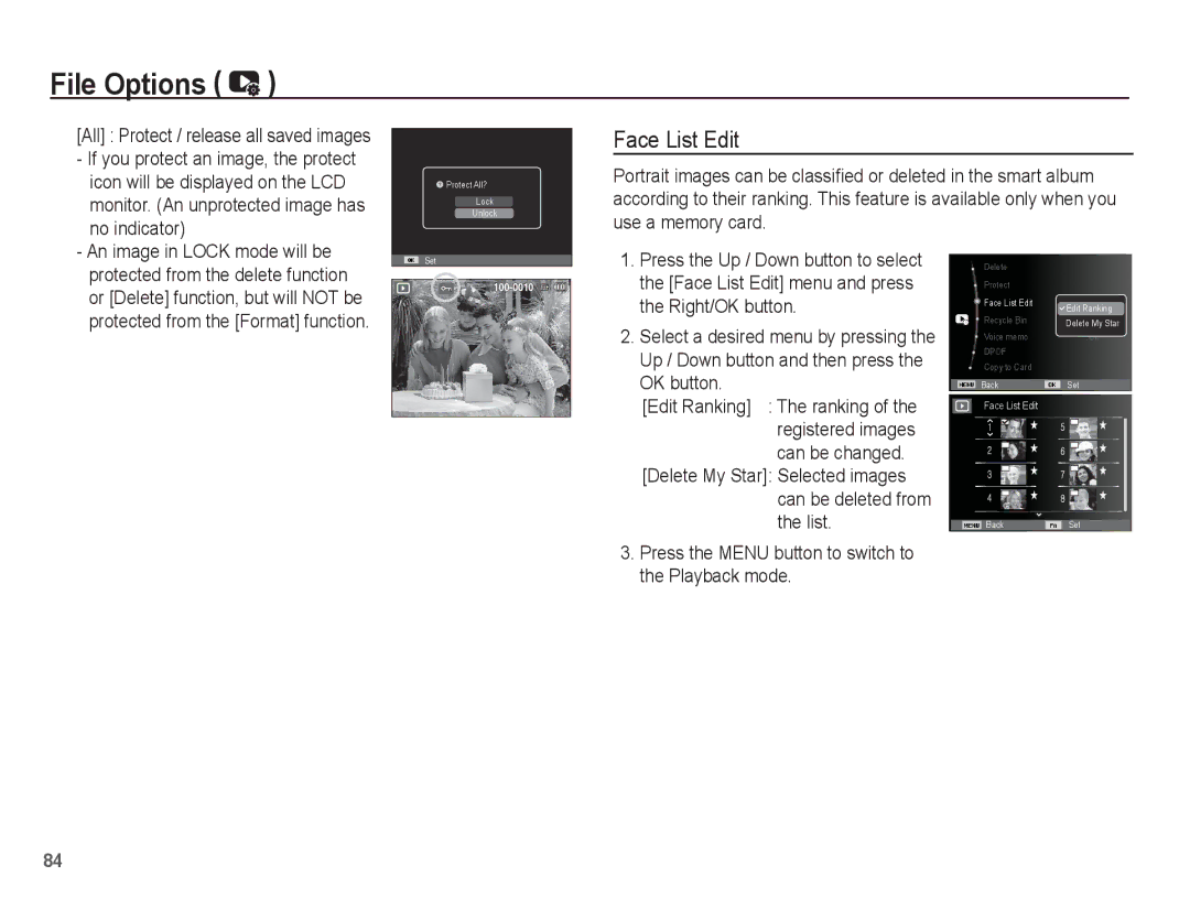 Samsung EC-ST70ZZDPSME, EC-ST70ZZBPOE1, EC-ST71ZZBDSE1 Face List Edit, All Protect / release all saved images, No indicator 