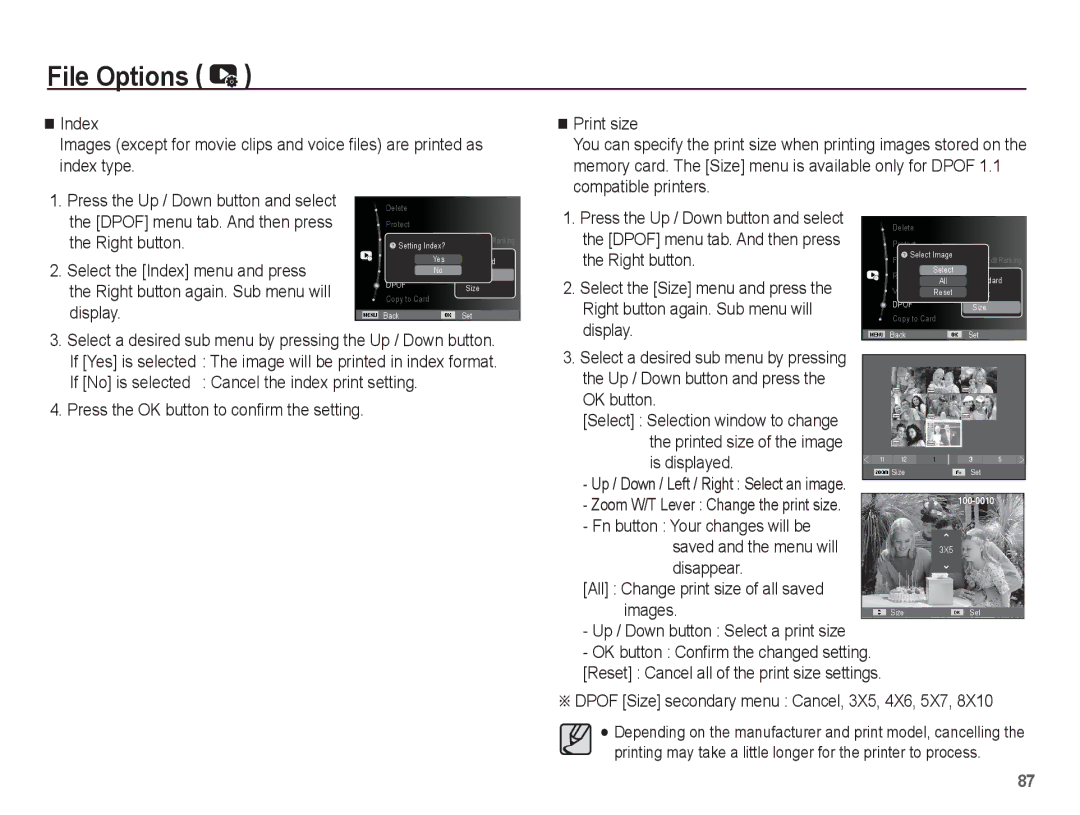 Samsung EC-ST70ZZBPUVN manual Dpof Size secondary menu Cancel, 3X5, 4X6, 5X7, Zoom W/T Lever Change the print size 