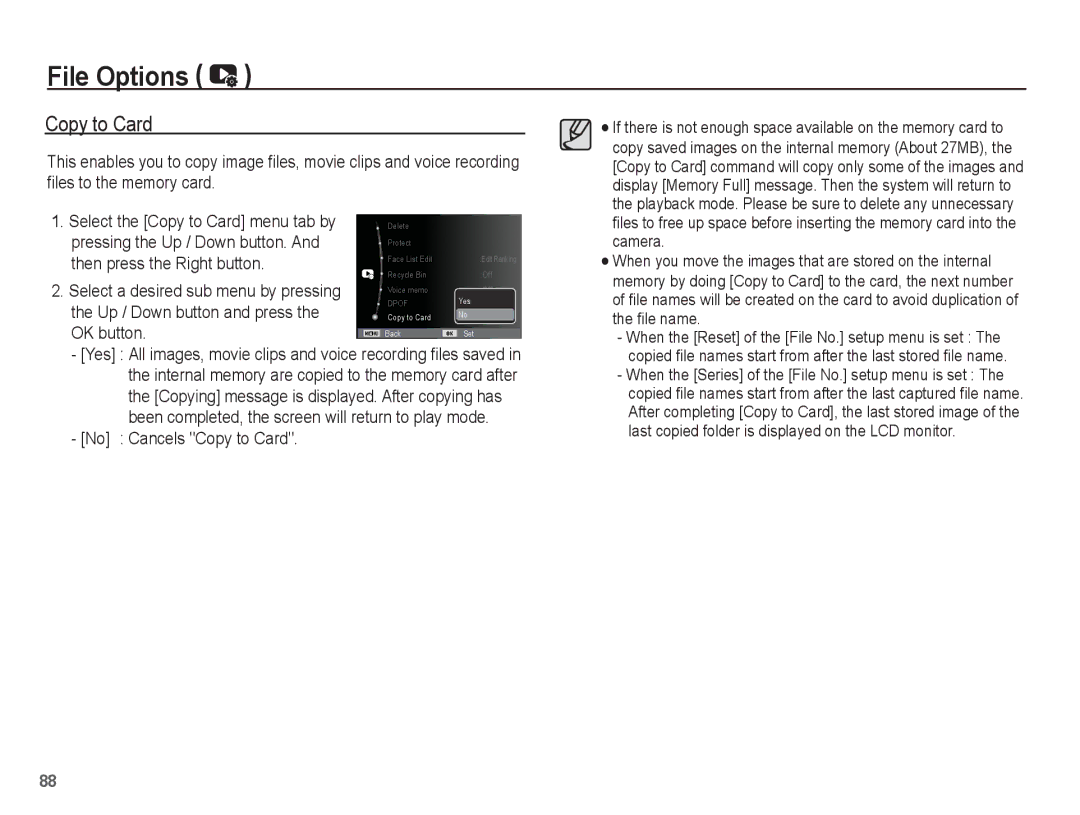 Samsung EC-ST70ZZBDBVN No Cancels Copy to Card, Select the Copy to Card menu tab by, Pressing the Up / Down button 