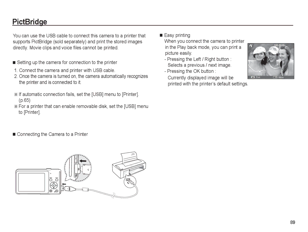 Samsung EC-ST70ZZBPBVN, EC-ST70ZZBPOE1, EC-ST71ZZBDSE1 PictBridge, Pressing the OK button Currently displayed image will be 