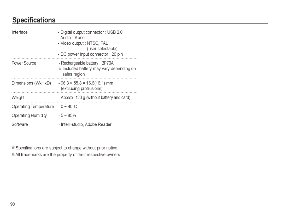 Samsung EC-ST70ZZBPUE2, EC-ST70ZZBPOE1, EC-ST71ZZBDSE1, EC-ST71ZZBDUE1 manual Sales region, ~ 40C, Operating Temperature 