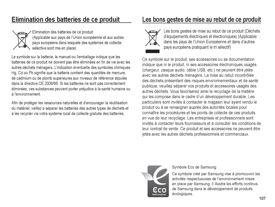 Samsung EC-ST70ZZBPBE1, EC-ST70ZZBPOE1, EC-ST71ZZBDSE1, EC-ST71ZZBDUE1 manual Elimination des batteries de ce produit 