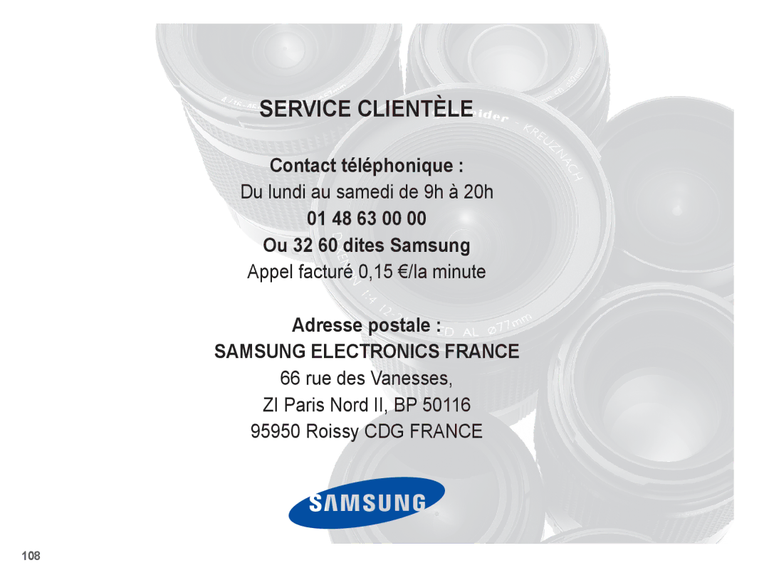 Samsung EC-ST70ZZBPSE1, EC-ST70ZZBPOE1 manual Contact téléphonique, 01 48 63 00 Ou 32 60 dites Samsung, Adresse postale 