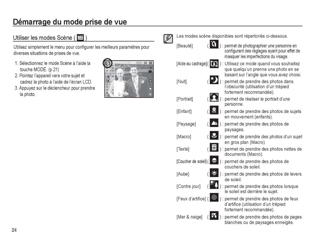 Samsung EC-ST71ZZBDSE1, EC-ST70ZZBPOE1, EC-ST71ZZBDUE1, EC-ST70ZZBPUE1, EC-ST70ZZBPBE1 manual Utiliser les modes Scène 