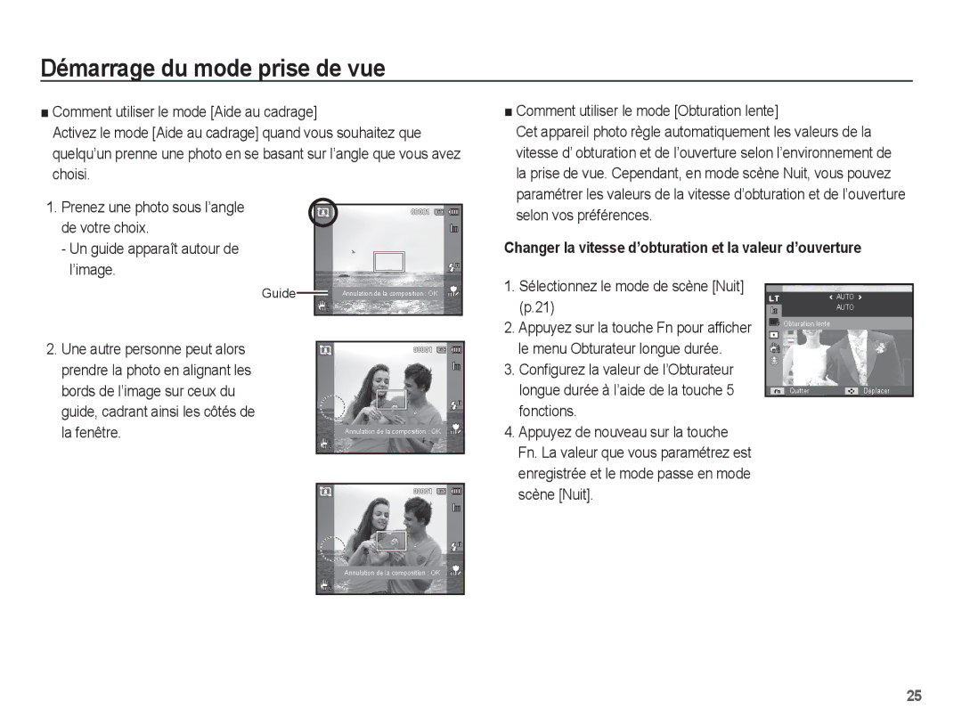 Samsung EC-ST71ZZBDUE1 manual Fonctions, Scène Nuit, Le menu Obturateur longue durée, Longue durée à l’aide de la touche 