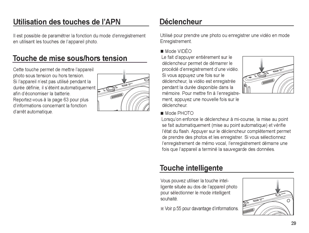 Samsung EC-ST71ZZBDBE1 Utilisation des touches de l’APN, Touche de mise sous/hors tension, Déclencheur, ’arrêt automatique 