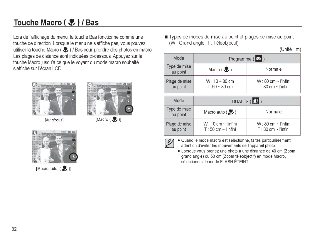 Samsung EC-ST71ZZBDSE1, EC-ST70ZZBPOE1, EC-ST71ZZBDUE1, EC-ST70ZZBPUE1, EC-ST70ZZBPBE1 manual Touche Macro / Bas, Macro auto 