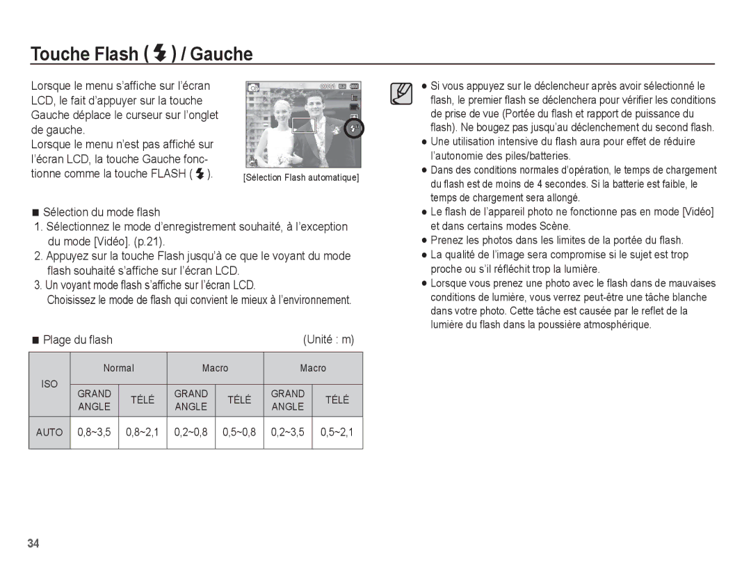 Samsung EC-ST70ZZBPUE1 manual Touche Flash / Gauche, Gauche déplace le curseur sur l’onglet, Plage du ﬂash, Normal Macro 