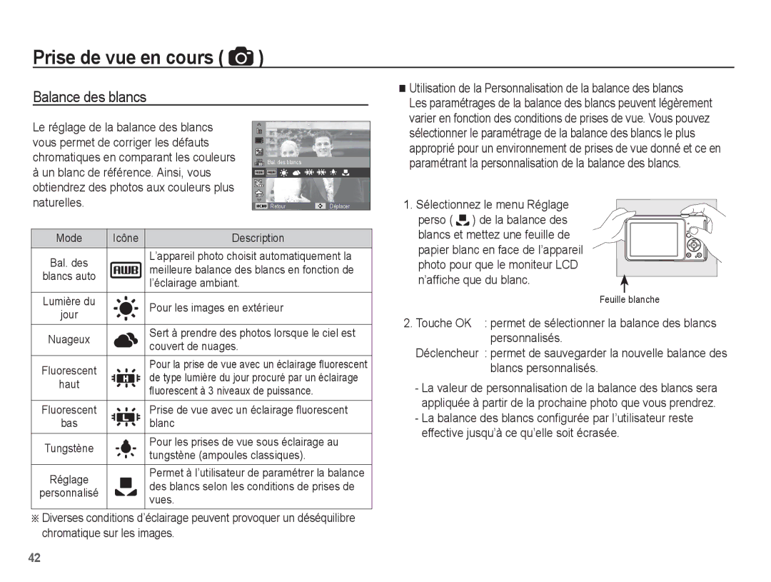 Samsung EC-ST70ZZBPUE1, EC-ST70ZZBPOE1 Balance des blancs, Utilisation de la Personnalisation de la balance des blancs 