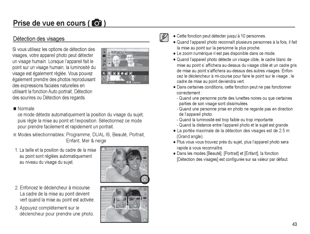 Samsung EC-ST70ZZBPBE1, EC-ST70ZZBPOE1, EC-ST71ZZBDSE1, EC-ST71ZZBDUE1, EC-ST70ZZBPUE1 manual Détection des visages, Normale 