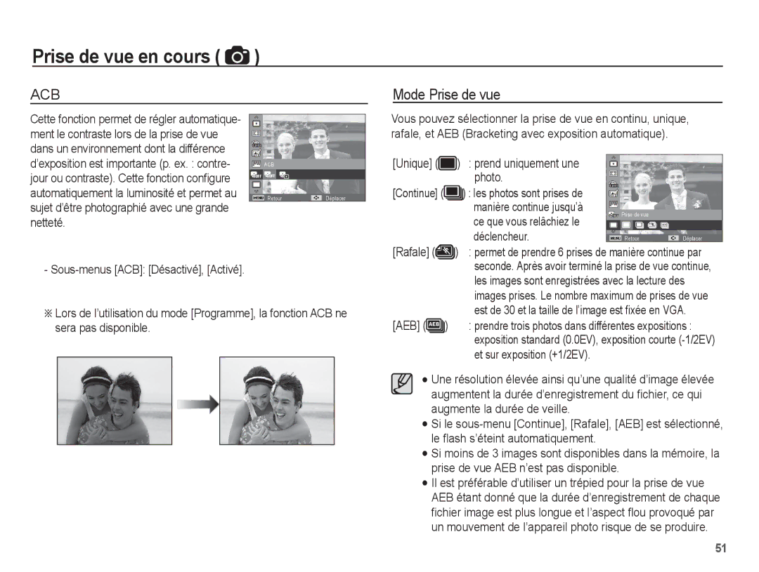 Samsung EC-ST70ZZBPBE1, EC-ST70ZZBPOE1 manual Mode Prise de vue, Continue, Déclencheur, Aeb, Et sur exposition +1/2EV 