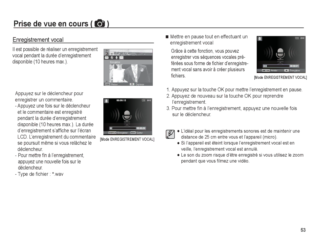 Samsung EC-ST71ZZBDBE1, EC-ST70ZZBPOE1, EC-ST71ZZBDSE1 Enregistrement vocal, Disponible 10 heures max, Type de ﬁchier *.wav 