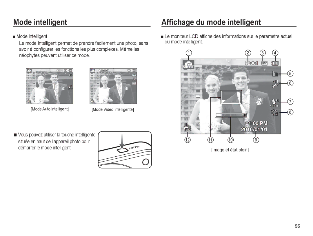 Samsung EC-ST70ZZBPOE1 manual Mode intelligent, Afﬁchage du mode intelligent, Mode Auto intelligentMode Vidéo intelligente 