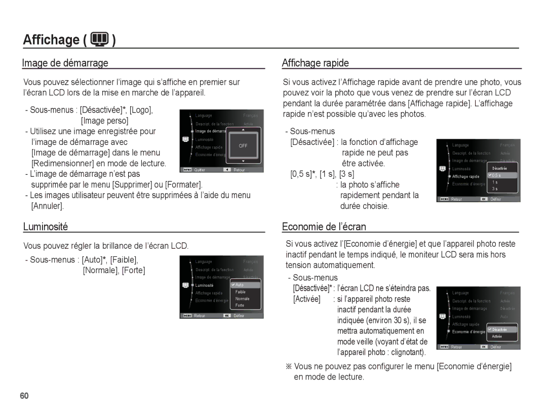 Samsung EC-ST70ZZBPSE1, EC-ST70ZZBPOE1, EC-ST71ZZBDSE1 Image de démarrage, Afﬁchage rapide, Luminosité Economie de l’écran 