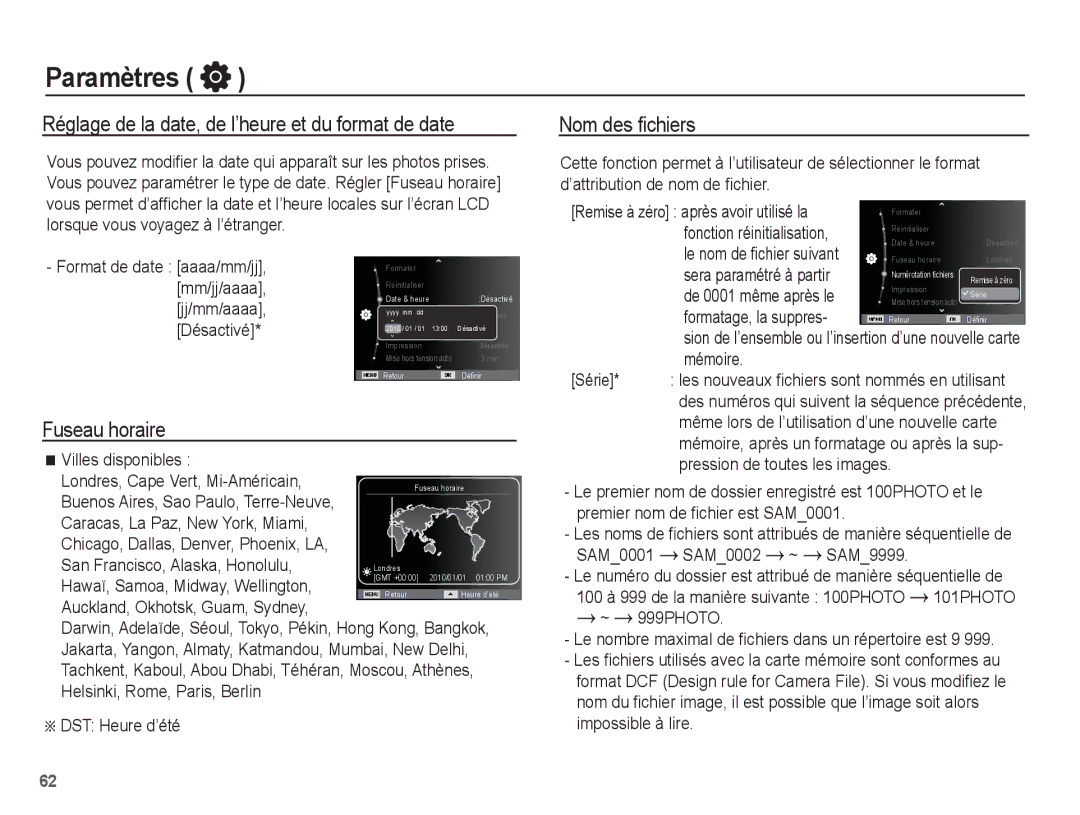 Samsung EC-ST70ZZBPBGS manual Réglage de la date, de l’heure et du format de date, Fuseau horaire, Nom des ﬁchiers 