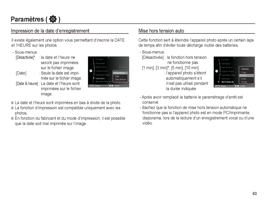 Samsung EC-ST70ZZBPOE1, EC-ST71ZZBDSE1, EC-ST71ZZBDUE1 manual Impression de la date d’enregistrement, Mise hors tension auto 